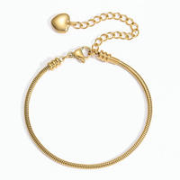 Bracelet anti-ternissement DIY en acier inoxydable plaqué or 18 carats, étanche, avec fermoir ouvert, simple, chaîne serpent et breloque cœur