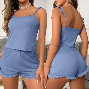 Custom Logo Label Ruffle Trim Garment Manufacturers Comfortable Pajama Set Summer Sexy Casual Night Dresses for Woman Sleeping