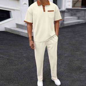 I-0641 Hot Sale Plus Size Men's <b>Sets</b> Eco-Friendly <b>Knitted</b> Summer Button Collar Short Sleeve Soft Solid Spandex/Cotton Formal - Product Image 1