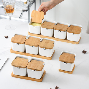 Square Ceramic <b>Spice</b> <b>Jars</b> With Wooden Lids Airtight Minimalist Nordic Style Set For Home Use - Product Image 1