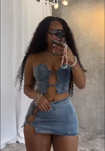 Ensemble de vêtements d'été sexy pour femmes, haut tube et mini-jupe en jean skinny, 2024 - Product Image 2