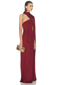 A11307 Abito Lungo da Donna Senza Maniche Monospalla Bordeaux con Drappeggio, Schiena Scoperta e Allacciatura, Vestito Aderente per Serate ed Eventi - Product Image 4