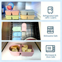Nieuwe verdeelde siliconen snackbox, magnetronbestendig, bento lunchbox met klein sausbakje, lekvrij fruit opbergdoosje