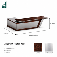 Bureau de direction en L sculpté en diagonale, en métal argenté satiné et placage de bois de ronce, avec rangement latéral pour bureau d'entreprise