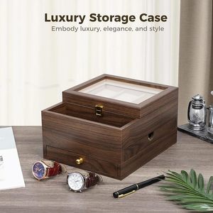 Hộp đồng hồ bằng gỗ, đồ trang sức sang trọng tổ chức với nắp kính rõ ràng 2 ngăn kéo, trường hợp lưu trữ đa chức năng - Product Image 5