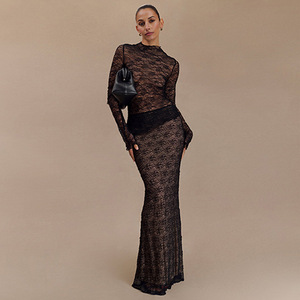 Lace Two-Piece Set Long Sleeve High Neck Sheer <b>Top</b> Slim Fit Skirt Solid Color Summer <b>Wedding</b> Dress FDC1131 - Product Image 3