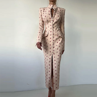 Nouvelle robe midi imprimée pour femme, col montant, manches longues, boutonnée sur le devant, poche avant, fente avant, élégante, pour soirée, bureau, trajets quotidiens, personnalisable