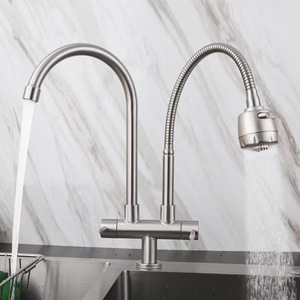Grifo de Cocina de Acero Inoxidable, Doble Tubo, Doble Manija, Giratorio Universal, Doble Salida - Product Image 1