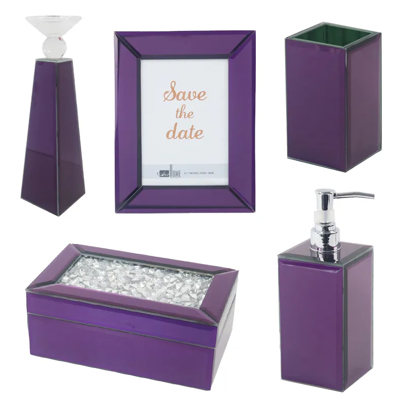 Dispensador de sabão para banheiro, conjunto de vidro espelhado roxo com 5 peças para sabonete, loção, acessórios