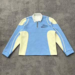 <span class=keywords><strong>Felpa</strong></span> Casual da Uomo Blu Chiaro con Colletto Rovesciato, Zip a Quarto, Cuciture Esterne Bianche, Maniche Lunghe e Taglio Corto - Product Image 1