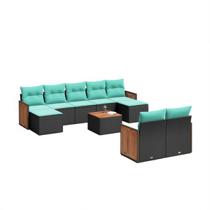 Ensemble de canapés de patio en polyrotin noir avec coussins, 10 pièces, mobilier de jardin extérieur, design contemporain, structure en teck - Product Image 1