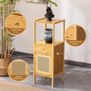 Natural Bamboo <strong>Tall</strong> <strong>Narrow</strong> Storage Cabinet with Rattan Door <strong>Drawer</strong> &amp; Open Top Shelf for Living Room Bathroom Bedroom - Product Image 5