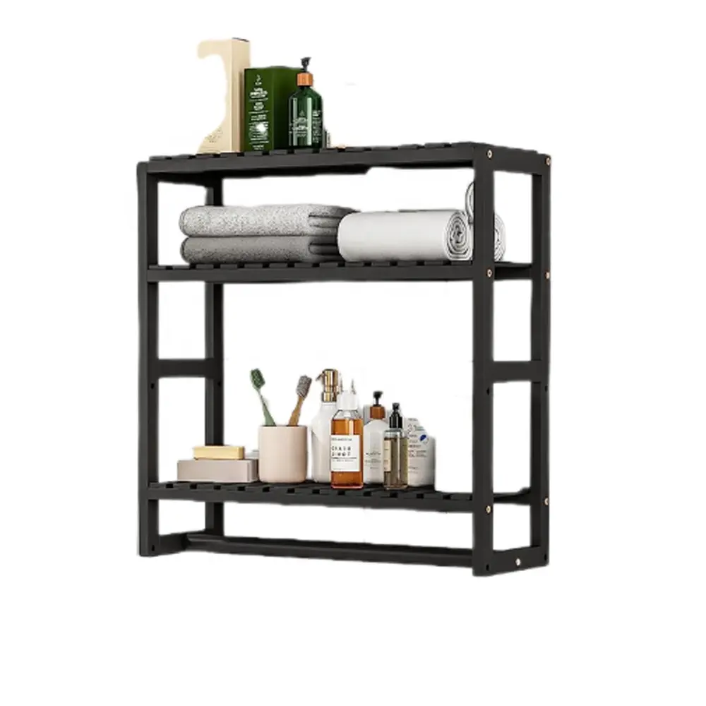 Bathroom Organizer Shelves Black Adjustable 3 Tiers Floating Shelf Over The Toilet Storage with towel Hanging Rod for kitchen