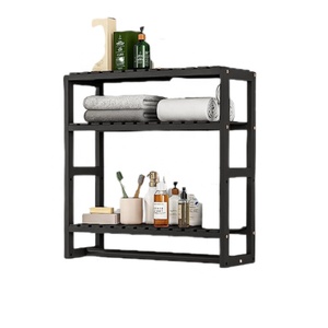 Adjustable 3-Tier <strong>Floating</strong> Bamboo Bathroom Organizer <strong>Shelves</strong> Black over Toilet <strong>Storage</strong> with Towel Hanging Rod for Kitchen Use - Product Image 1