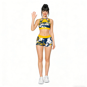 Ensemble <span class=keywords><strong>de</strong></span> <span class=keywords><strong>danse</strong></span> Balumi pour filles, uniforme <span class=keywords><strong>de</strong></span> cheerleading respirant en spandex, bleu marine et jaune, imprimé avec strass, haut court et short, vente chaude OEM - Product Image 2