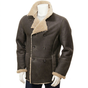 Men's Khaki <b>Sheepskin</b> Peacoat Customized Warm Winter <b>Jacket</b> with Classic Style, Premium Quality, and Personalized Fit - Product Image 1