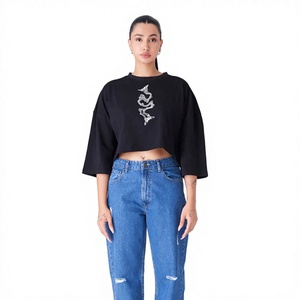 Camiseta Corta Negra para Mujer, Manga Murciélago, Cuello Redondo Bordado, Corte Holgado, Algodón, Informal, Primavera Verano - Product Image 1