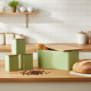 Boîte à pain de style farmhouse pour comptoir de cuisine avec un ensemble de 3 grands récipients de cuisine assortis - Ensemble de contenants pour café, thé et sucre - Product Image 1