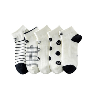 Smiley Face Ankle Socks Women Sweat Absorbent Japanese Style Casual Socks White Black Stripes Pattern - Product Image 3