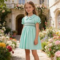 Robe pour fille en coton personnalisée, couleur vert menthe unie, col Peter Pan smocké, manches bouffantes, vêtements pour enfants, robe smockée pour fille