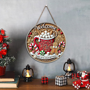 In stock: American country style Christmas round <b>door</b> sign ornament, wooden welcome sign, decorative hanging piece, wooden tag. - Product Image 4