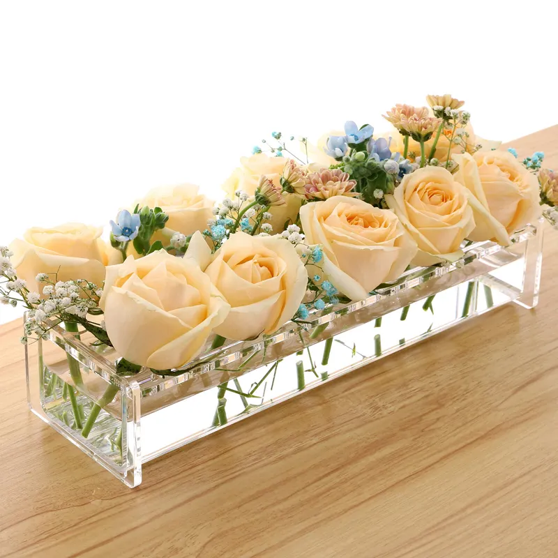 Peças centrais florais para casamento, decoração de mesa, peças centrais longas e retangulares transparentes, vaso de flores em acrílico, atacado de fábrica