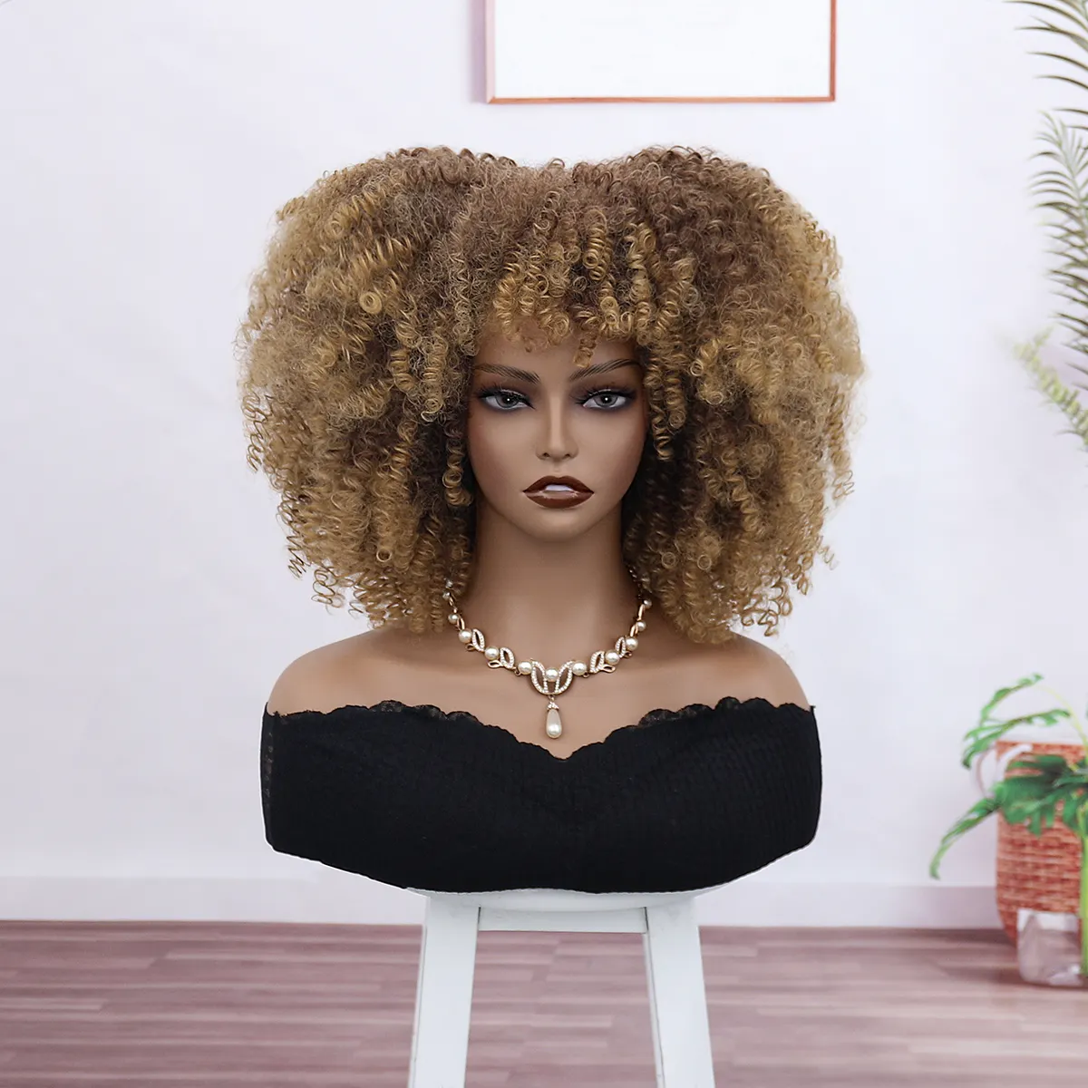 Ainizi 14 인치 33T27 afro kinky curly 기계 made 패션 합성 hair wig 와 앞머리 대 한 women