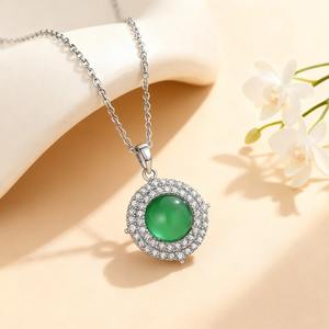 Collier pendentif halo en argent sterling 925 avec calcédoine verte, cabochon rond, bijou vintage pour femme - Product Image 4