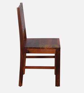 Sheesham Wood Dining <b>Chair</b> With Geometric Carved Backrest Solid Seat Straight <b>Legs</b> Rustic Modern Handcrafted Furniture For Home - Product Image 3