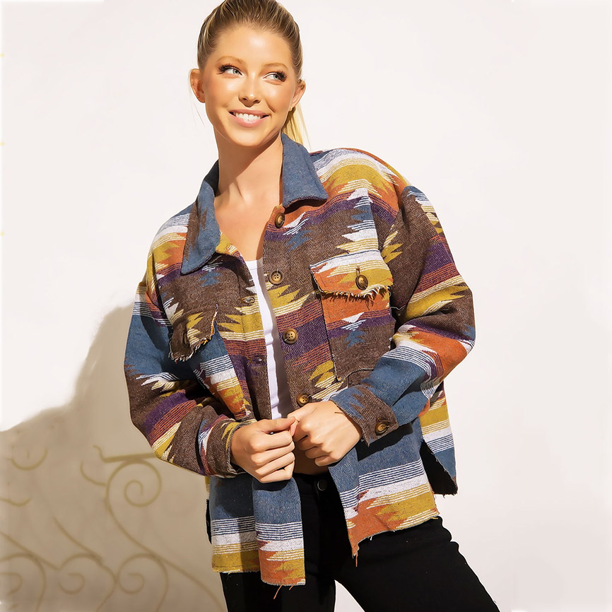thumbnail image 2 of SELINK Womens Aztec Print Fleece Hoodie Jacket Button Down Shacket Casual Sherpa Coats Warm Outwear With Pockets, Apricot, Small 2 of 13