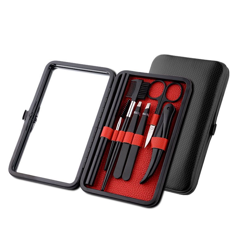 Индивидуальные 7 в 1 набор из нержавеющей стали черный карандаш для бровей Кисть трафарет ножницы бритва триммер Пинцет Набор с зеркалом случае