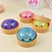Pain vapeur Baozi Squishy Ling à visage souriant coloré, en sucre de malt, extensible, à rebond lent, avec paillettes, jouet alimentaire, boîte mystère