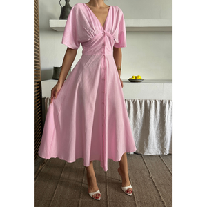 Robe en lin à col en V boutonnée sur le devant, rose, décontractée, longueur midi, taille S - Product Image 4