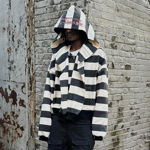 Manufacturer Custom Heavyweight Cotton French Terry Oversized Streetwear Stripe Double <strong>Hood</strong> <strong>Zip</strong> up Hoodies for Men - Product Image 4