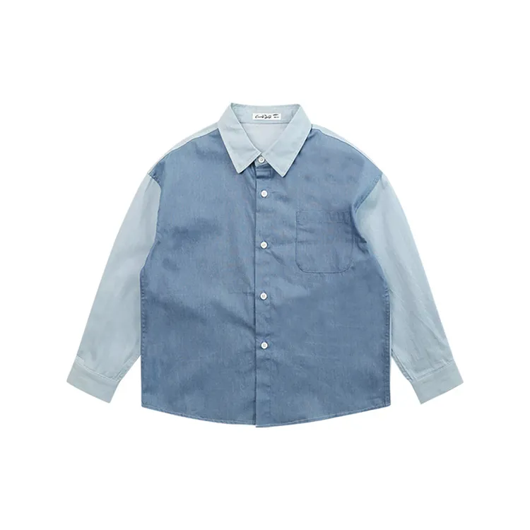 Children's spring and autumn color contrast patchwork top long sleeve Boys' denim shirt
