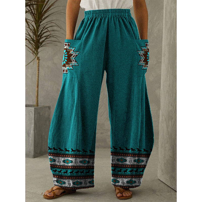 Pantalones azteca con estampado occidental para mujer, pantalón informal de pierna ancha