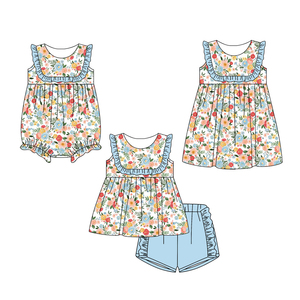 Preventa al por mayor: Conjunto de verano para niñas con estampado floral de 5 colores, estilo vacacional, suave, de algodón orgánico, para bebés. - Product Image 1