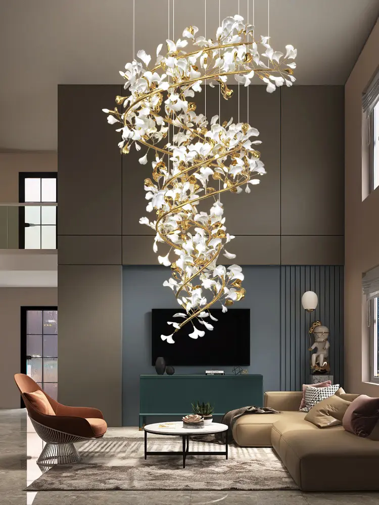 New Style Brass Leaf Chandelier Long Hanging Chandelier Nordic Creative Ceramic Gold Ginkgo Leaf Luxury Chandelier With Leaves
