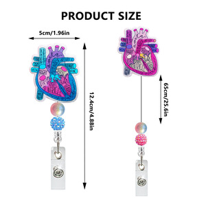 Glitter Acrylic Heart Cardiac Badge Reel Bling Glitter ID Clip Name Badge Holder <b>Cute</b> Retractable Badge Reels with Metal Clip - Product Image 5