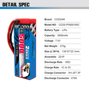 CODDAR 2S 5000MAH 7.4V 100C 200C XT60 avec boîtier rigide câblé RC batterie LiPo échelle 1/10 RC voiture bateau de course <span class=keywords><strong>Tamiya</strong></span> sauterelle - Product Image 4