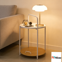 Table d'appoint moderne à 2 niveaux, structure en acier thermolaqué durable, plateau métallique à bords surélevés, étagère inférieure en bois clair, poignée incurvée intégrée