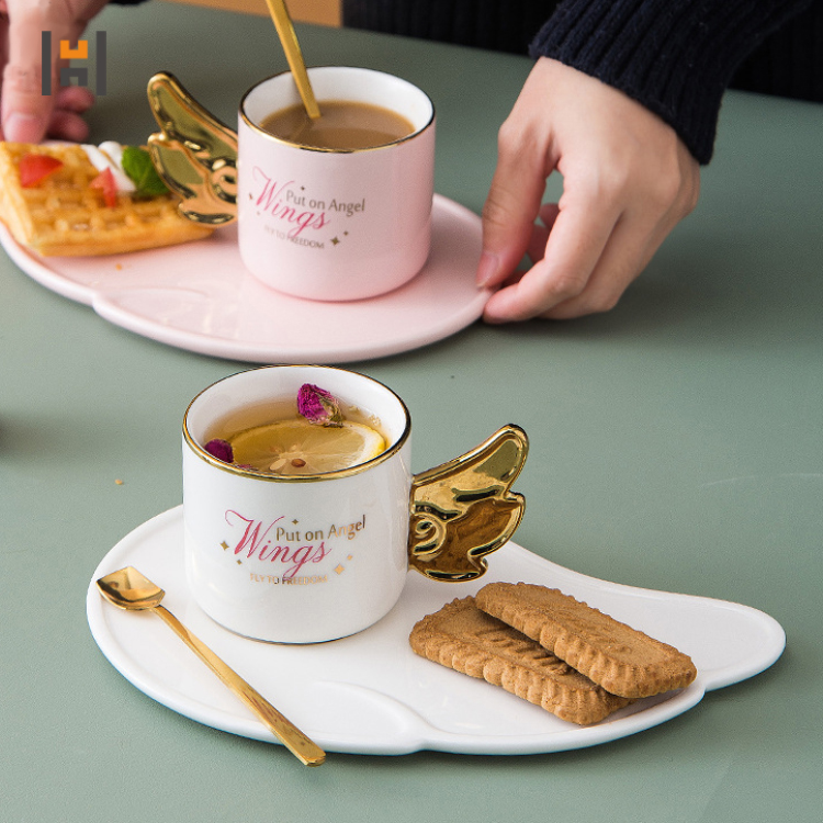 Creative Angel Wings Mug Pink Ceramic Cup with Tray Set