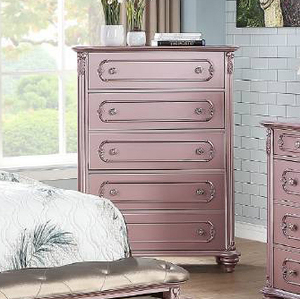 Juego de dormitorio de 5 piezas estilo glamuroso en rosa metálico, con cama tipo trineo con almacenamiento, tocador, espejo, cómoda y mesita de noche - Product Image 3