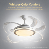 Ventilateur de plafond LED moderne en métal avec télécommande, 6 vitesses, 4 pales, 3 couleurs changeantes, CRI 97, silencieux 29 dB, moteur AC, intensité variable, pour chambre et salon
