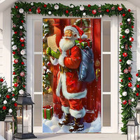 Penutup Pintu Natal Latar Belakang Santa Claus Tirai Poliester Hiasan Gantung Dekorasi Pesta Liburan Dekorasi Dinding Rumah Kustom