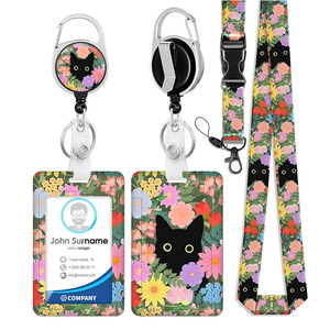 In stock: retractable scroll, cute black cat flower easy-pull buckle card <b>holder</b>, detachable lanyard, <b>ID</b> card buckle set. - Product Image 1