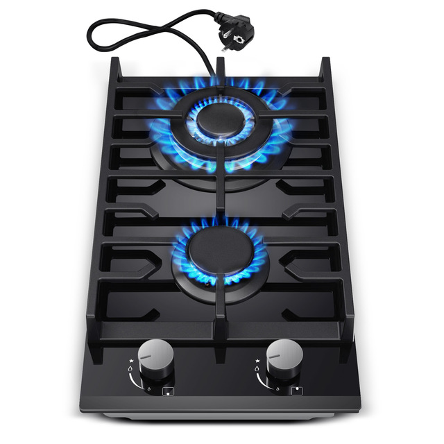 TopStrong 30cm Tempered Glass Gas Cooktop with Cast Iron Supports, 5200W, Black, Easy Installation