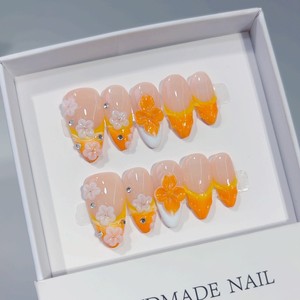 10 faux ongles press-on faits main, motif fleur 3D, nude, forme amande, avec pointes françaises <span class=keywords><strong>orange</strong></span> et strass, réutilisables, pour l'été, pour femmes - Product Image 3
