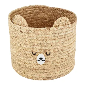 Low MOQ Brown Seaweed Plant Woven Felt Bear Decoration Toy Gift Sundries Box Storage Bin Home Organizer Basket For Kid Room