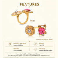 Cincin Bunga Kristal Pink Tembaga Lapis Emas 18K Perhiasan Kaca K9 Cincin Terbuka untuk Wanita Hadiah Pesta